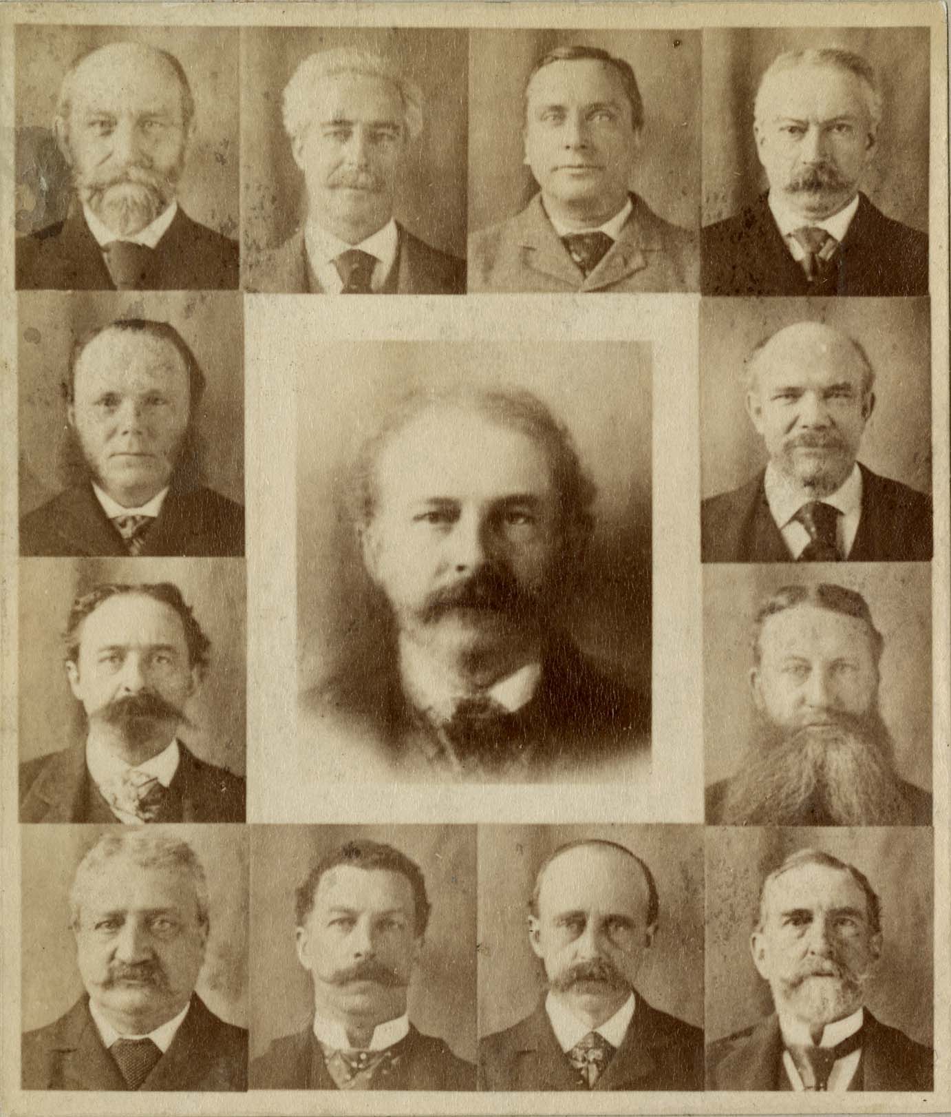 Twelve sepia portraits of late-19th-century Boston physicians arranged around a thirteenth, larger composite portrait at the centre — a face built by photographically averaging the twelve, belonging to no single sitter.
