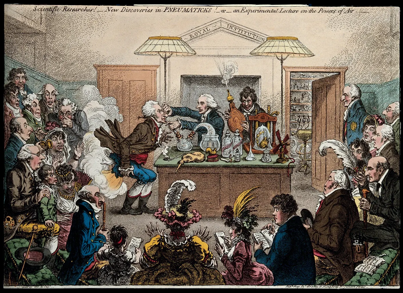 James Gillray's crowded 1802 caricature of a pneumatic experiment at the Royal Institution