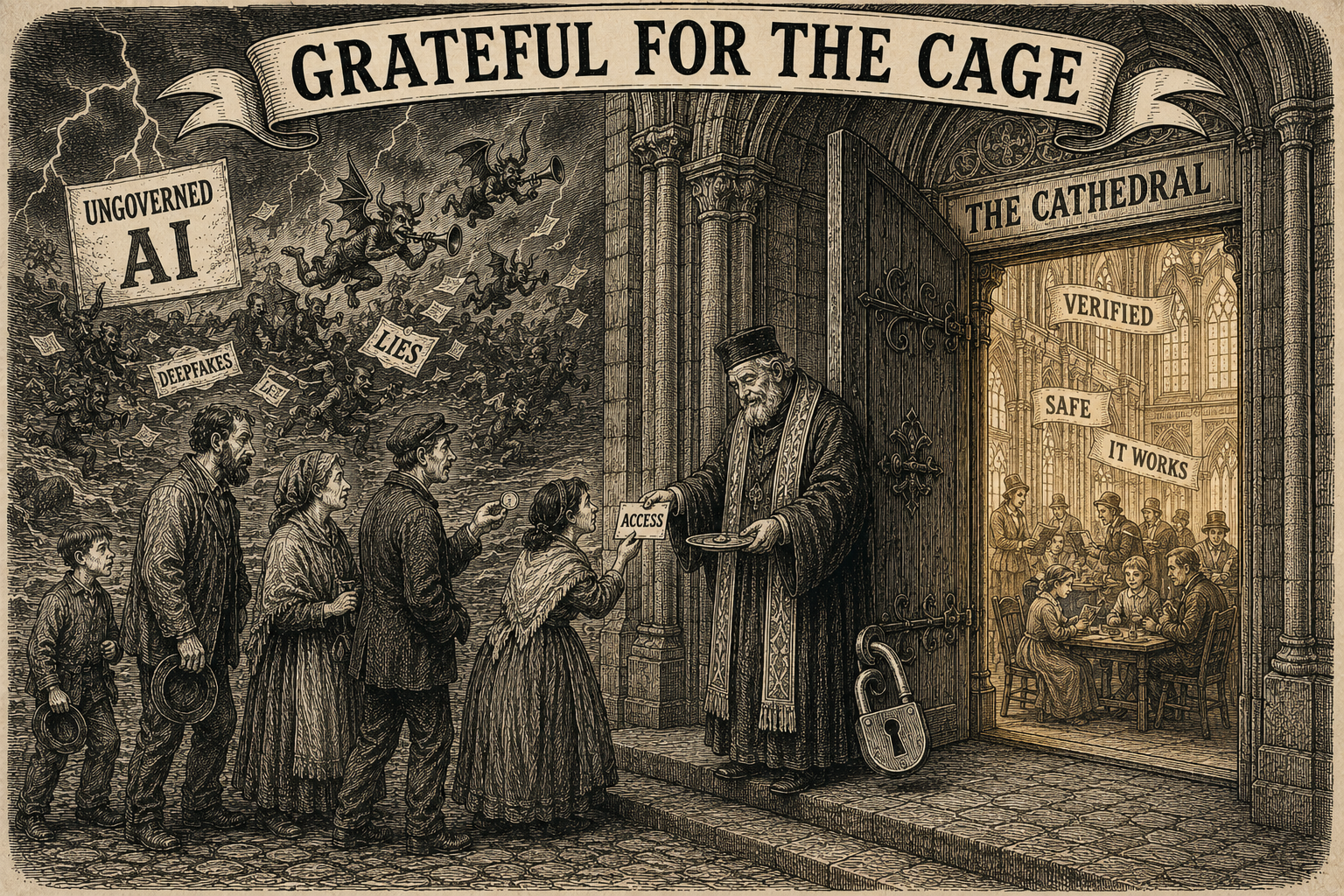 Grateful for the Cage — a queue of ordinary people pay a robed gatekeeper for an "access" slip into a warm, orderly cathedral marked VERIFIED / SAFE / IT WORKS, while a storm of "ungoverned AI" — scams, deepfakes, lies — rages outside.